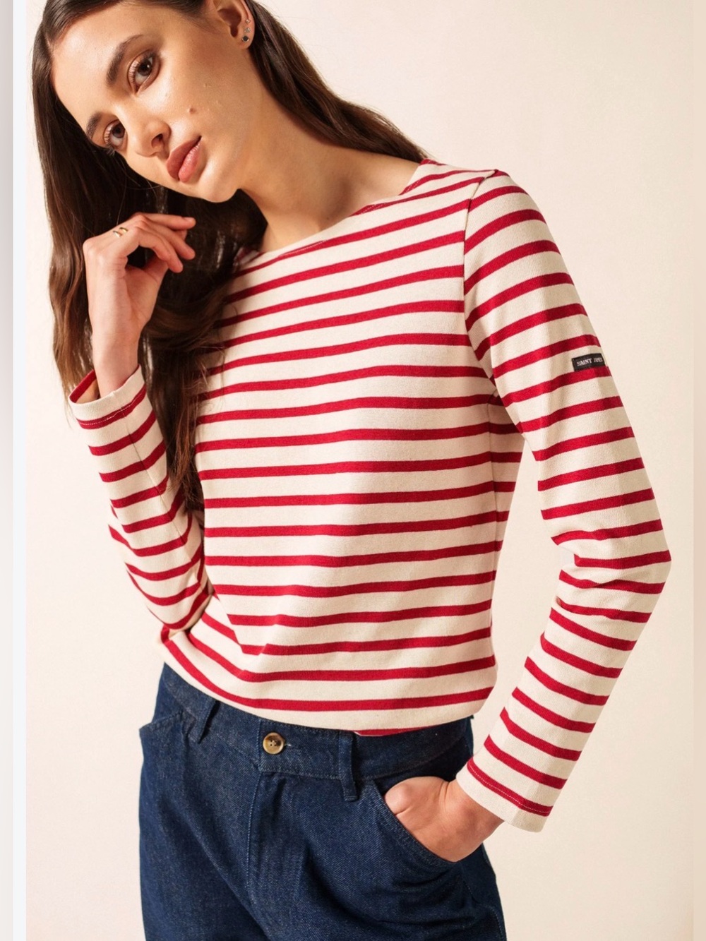 Saint James Breton Striped 3/4 Sleeve Top Red White XS